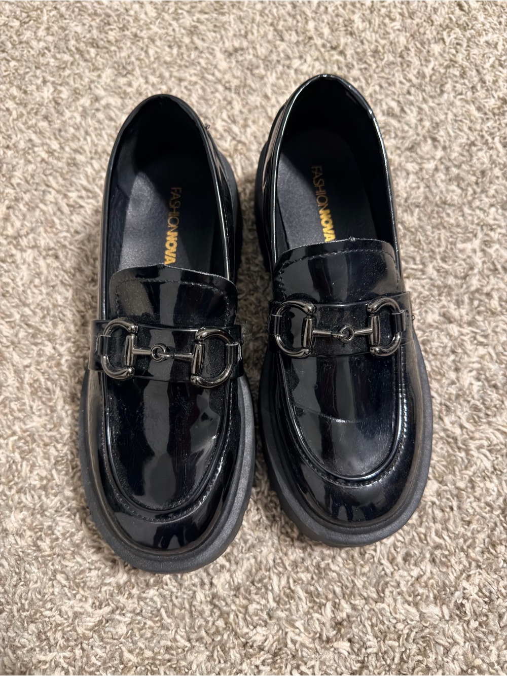 Fashion Nova Black Patent Loafers with Decorative Bit